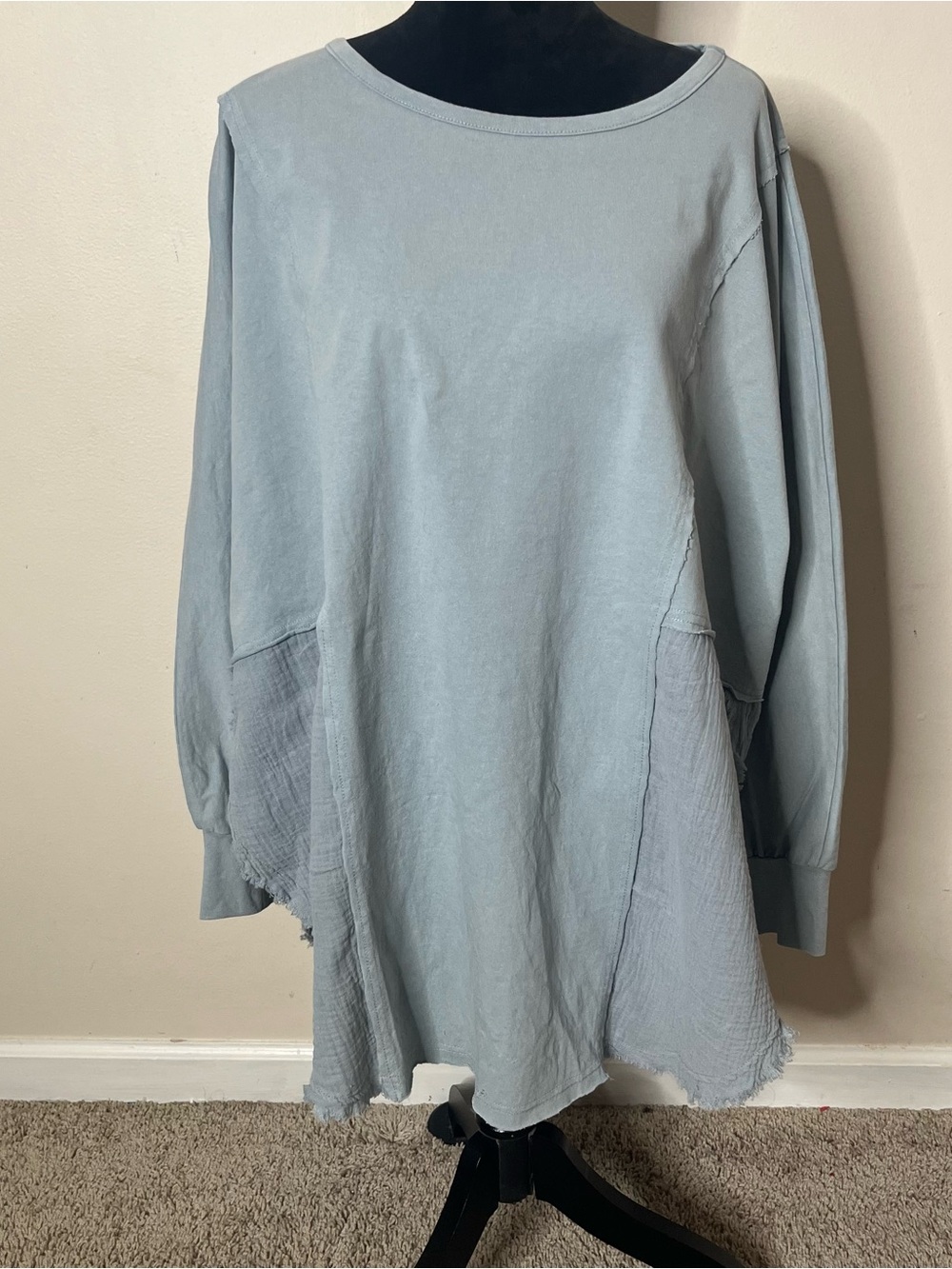 Three Bird Nest‎ Blue  Oversized Dolman Sleeve Raw Hem Contrast Gauze Tunic Sz L